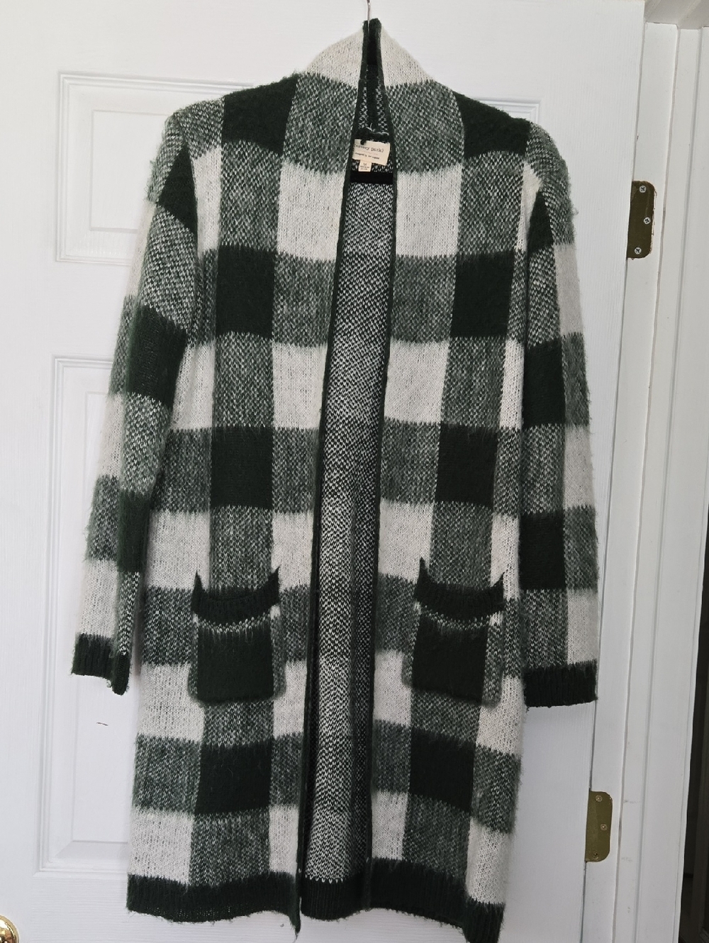 emory park Green and White Buffalo-Check Open-Front Cardigan